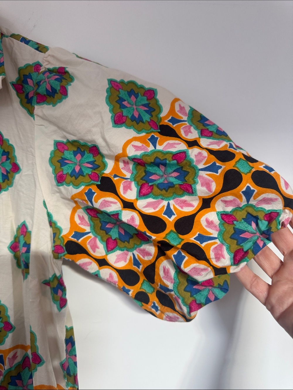 Anthropologie Cream Maxi Dress with Pink, Teal, Orange & Yellow Pattern - Picture 6 of 9